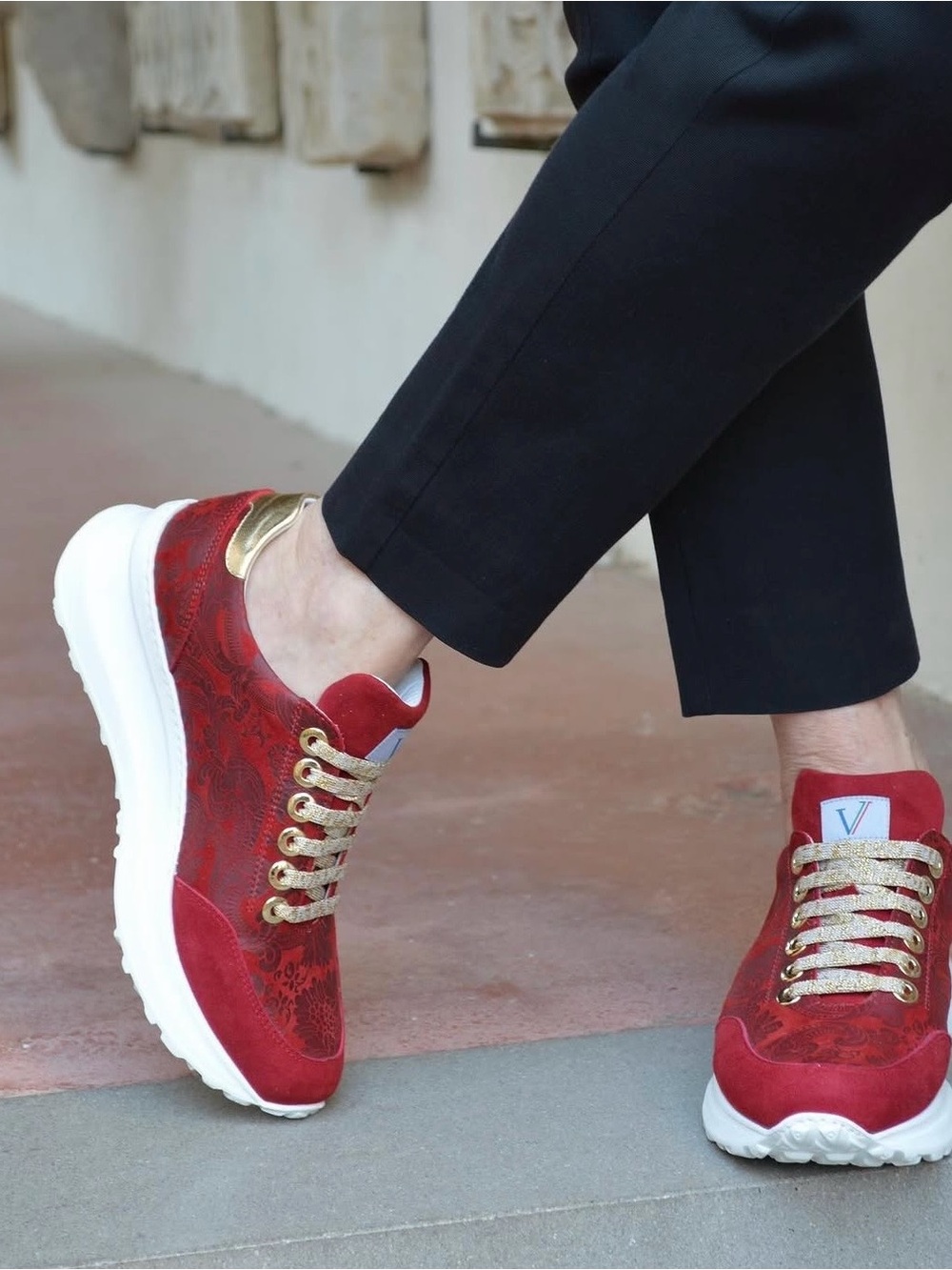 VILLA MORI Italian made Red Lace- Casual Sneakers with Gold accent & laces